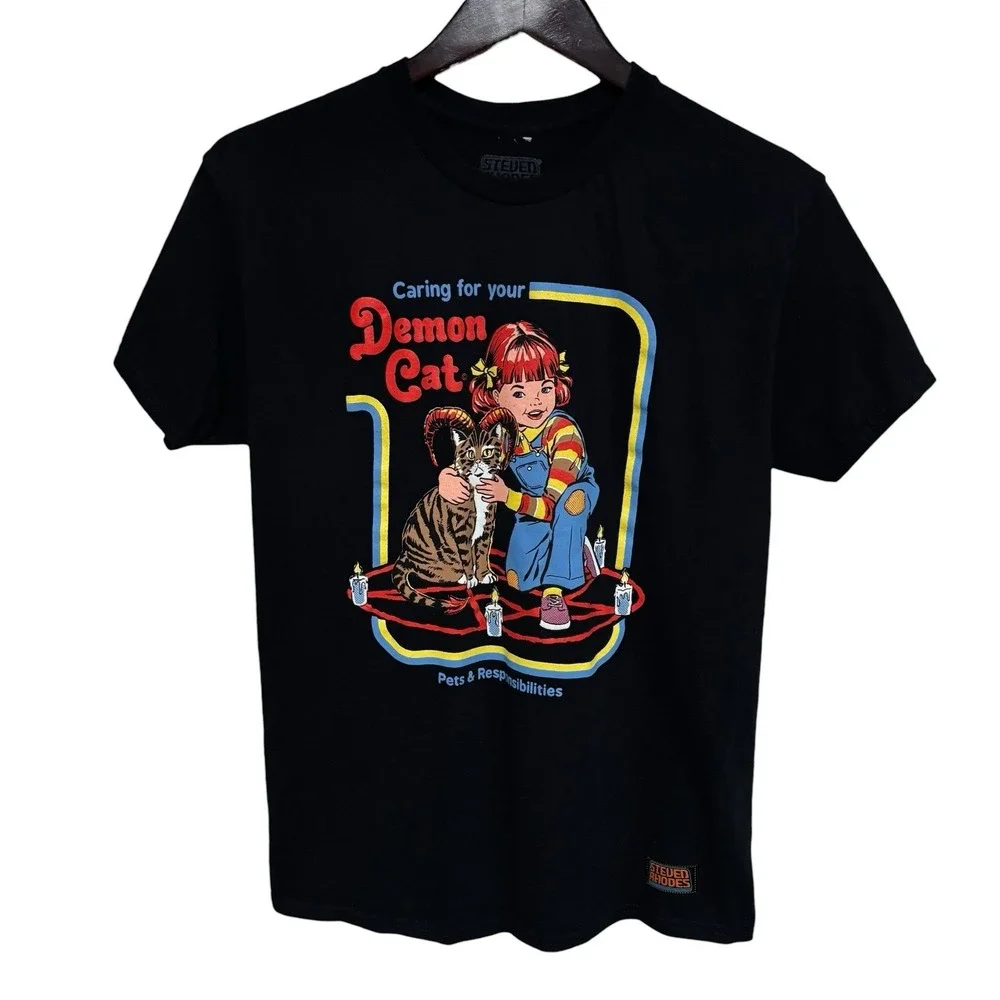 Steven Rhodes‎ Men's Caring For Your Demon Cat T Shirt Black Size M 18 x 27